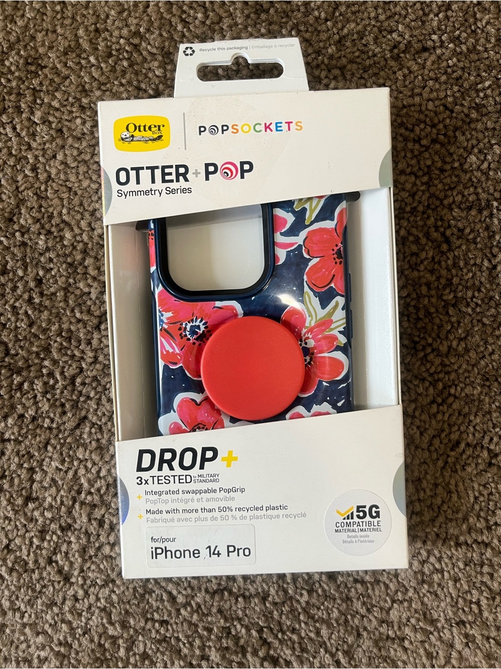 Otter+Pop Symmetry Series iPhone 14 Pro Case with Red PopGrip - Floral Navy